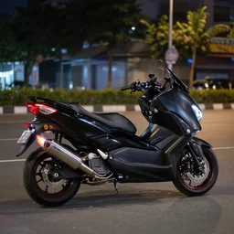 photo of black monster yamaha tmax tuned in vietnam, cityroad background, night hour, flame spitting exhausts, race style, custom scooter, dslr, 8 5 mm, f / 1. 3