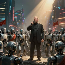 robot revolutionary speaking to a crowd of robots amid the backdrop of a (((cyberpunk city))) in the socialist realist style of lenin speaking to the red army by isaac brodsky