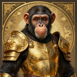 Portrait of a chimpanzee wearing beautiful golden armor, D&D, fantasy, intricate, elegant, highly detailed, digital painting, artstation, concept art, matte, sharp focus, illustration, art by Artgerm and Greg Rutkowski and Alphonse Mucha, portrait