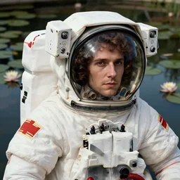 detailed studio portrait of a young victorian astronaut in a beautiful victorian water pond, water lilies, high quality by jeremy mann, only one head single portrait
