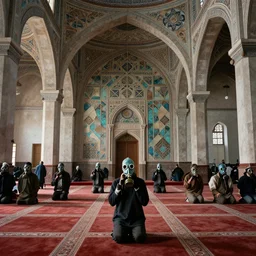 apocalyptic scene,prayer,occult,refugees,mosque synagogue interior,gas masks,geometric art,patina,edward hopper