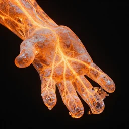 hand of orange ice with glowing veins, black background,