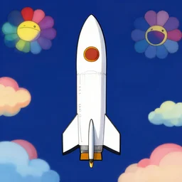 a frontal drawing of a space rocket centered with a dark blue background and colorful clouds by takashi murakami, beeple and james jean, aya takano color style, trippy, 8 k, super detailed, night sky, digital art, digital painting, clean