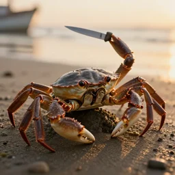 crab ( holding a knife in its claw ) nature photography, golden hour