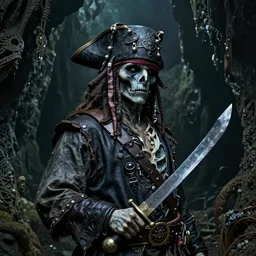 photo of a ghostly pirate head and torso, holding a cutlass, and standing in a grotto, photorealistic, dark, atmospheric lighting, lovecraft, art by lee gibbons, intricate, ultra detailed, well composed, best on artstation, cgsociety, epic, stunning, gorgeous, intricate detail, wow, masterpiece