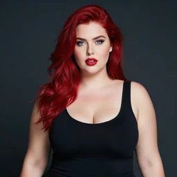 curvy, tall, female, cherry hair, blue eyes, full lips