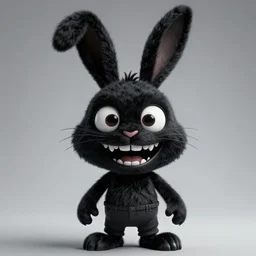 A extremely highly detailed majestic hi-res beautiful, highly detailed head and shoulders portrait of a scary terrifying, horrifying, creepy black cartoon rabbit animatronic with scary big eyes, laughing and standing up wearing pants and a shirt in the style of Walt Disney