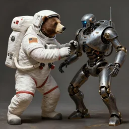 bear in a astronaut suit fighting a robot, intricate, highly detailed, digital painting, artstation, concept art, smooth, sharp focus, illustration, Unreal Engine 5, 8K, art by artgerm and greg rutkowski and alphonse mucha