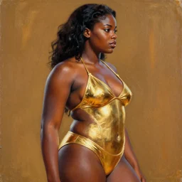 sc - fi movie poster from 2 0 0 2, young black thick dejah thoris seen from the side, gold bikini armor, acrylic painting, by leyendecker