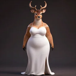 photo realistic portrait, tall, slightly fat, sexy, anthropomorphic deer female, in a long white dress, stunning 3 d render inspired art by zootopia, highly detailed attributes and atmosphere, dim volumetric cinematic lighting,