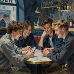 a hyperrealistic painting by ilya repin of a group of young people sitting by a table in a modern new york bar and on writing a message on an iphone. laughing and discussions. inside a bar. 5 0 mm. very detailed. cold light.