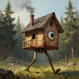a walking mechanical wood house with mechanical legs, one big eye, smoky chimney, rust, hyperrealistic, highly detailed, cinematic, single ray of sun, morning, pareidolia, dynamic composition, gravity falls style, beautiful, pine trees in the background, cgssociety, artstation, 8 k, oil painting