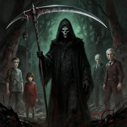 the grim reaper has a new scary scythe, masterpiece digital painting by James Jean, John Romita Junior, John Romita Senior, 4k wallpaper, Silent Hill concept art, surreal art style, Moebius, Junji Ito