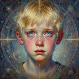 painful expression, powerful symmetrical visionary art by mandy jurgens by android jones, powerful eyes glowing highly detailed painting of deep sadness alone, very young blonde boy spiritual portrait, expressive emotional sadness, symmetrical, trending on art station, abstract in emotional sadness expression, very very very beautiful, fantasy digital art, highly detailed patterned visionary art, intricate detail, magic symbols and patterns, beautiful eyes