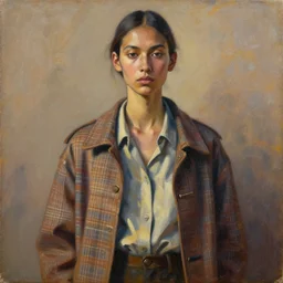 portrait in daring femininity, ethnic, realistic face sculpted features, thin and statuesque model, street outfit with layered shirts, plaid, jacket with buckles, warm glow, bathed in light, chiaroscuro, specular highlights, angular impressionism, patina, natural color scheme, earthy tones, modern fashion, contemporary art, oil on canvas