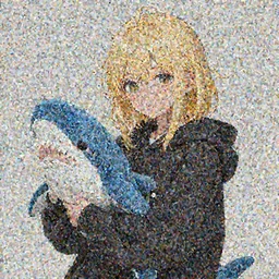 a blonde girl in a black hoodie holding a blue shark stuffed animal, anime style digital art