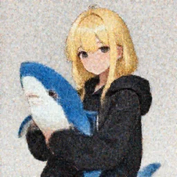a blonde girl in a black hoodie holding a blue shark stuffed animal, anime style digital art