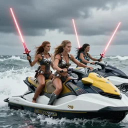 dramatic photo of viking women riding jet skis!!, wearing a skin - tight futuristic valkerie bikinis, holding huge laser swords, rough seas in background, water world, mad max, hyper - realistic, highly detailed, accurate, 8 k octane render, 2 8 mm, wide angle, rule of thirds