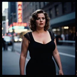 a film photography of a joan holloway, curvy, of mad men on madison avenue, new york city. by annie leibovitz. noir style. cinematic. neon lights glow in the background. ilford hp 5 4 0 0, canon eos c 3 0 0, ƒ 1. 8, 3 5 mm, 8 k, medium - format print
