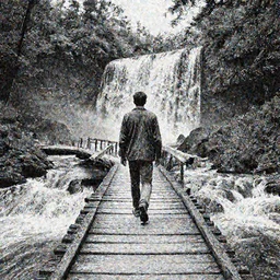 walking on an old wood bridge , a waterfall and trees in the background, art by James Jean and Wayne Barlowe, high detail, black and white ink, cinematic, cgsociety 8k