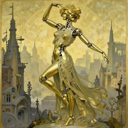 brass semi - mechanical woman, portrait, art nouveau dress, dynamic pose, art by moebius and ilya kuvshinov, in steampunk cityscape
