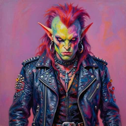 portrait of peter steele as a scifi apocalyptic demonic orcish goblin biker character, cool pose, psychedelic vibrant colors, futuristic punk rock fashion, oil painting by michael whelan art, sharp focus, realistic, detailed eyes, 8 0 s hair, studded leather jacket, 8 k
