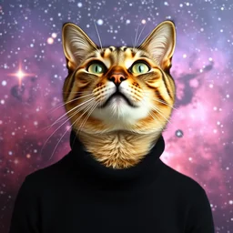a bust portrait of a cat in a black turtleneck pullover in front of a galaxy wallpaper, photography