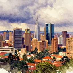 a cinematic and dramatic colorful watercolor painting of nairobi city