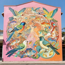 an enormous mural in pink and orange, many colorful birds and exuberant fish mixing and blending, urban Street art by refreshink, l7m, pantone, ghibli, alphonse mucha,