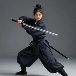 an american samurai girl with a wielded sword, epic fighting stance, steve hanks