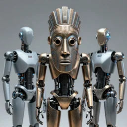 futuristic robots with a metallic tribal African mask by michelangelo