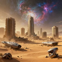 The dead city has toppled brutalist architecture buildings, wasteland, some giant spaceships are crashed into the ground, the background has a detailed heavenly and iridescent light from nebulas, this is a desert planet and sand is everywhere, even building are made by sand and metal, panoramic view, cyberpunk, vaporwave, matte painting, concept art, dramatic lighting, golden hour, 4k, 8k, trending on Artstation, realistic