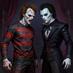 the final battle between freddy krueger and edward scissorhands, wrath, revenge, anger, rage, lacerations, intricate, highly detailed, digital painting, artstation, symmetrical, concept art, smooth, sharp focus, illustration, unreal engine 5, 8 k, art by artgerm and greg rutkowski and alphonse mucha
