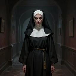 an evil nun looking at you in a dark hallway, artstation hall of fame gallery, editors choice, #1 digital painting of all time, most beautiful image ever created, emotionally evocative, greatest art ever made, lifetime achievement magnum opus masterpiece, the most amazing breathtaking image with the deepest message ever painted, a thing of beauty beyond imagination or words