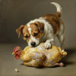 the tiniest, angriest dog eats a whole chicken, oil painting, elegant intricate, by rembrandt, detailed