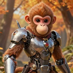 an epic fantasy comic book style portrait painting of a really cute looking cyborg monkey, studio ghibli, unreal 5, daz, hyperrealistic, octane render, cosplay, rpg portrait, dynamic lighting, intricate detail, harvest fall vibrancy, cinematic