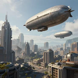 a dieselpunk city with metal airships flying above, high details, photorealistic, HD, artstation
