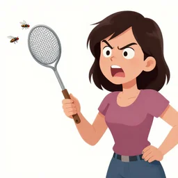 mad fly laughing, an angry woman holding a fly swatter searching for the flies, caricature