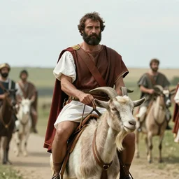 augustus cesar as a politician circa 1 9 6 0, riding goat, cine still, movie still, 8 k