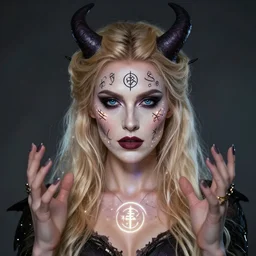 beautiful blonde nordic witch summoning satan, portrait, studio lighting, perfect eyes, detailed face, cover model, magic, technology, sigils, leds,