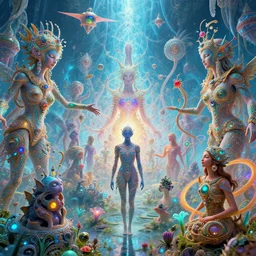 dmt trip interdimensional beings breaking through the illusion by raymond swanland, highly detailed, bright tones