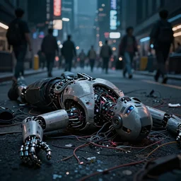 an extreme close - up shot of a hacked broken cyborg laying destroyed in pieces and wires in the middle of a crowded cyberpunk city street at midnight, ominous atmosphere, cinematic lighting, photorealistic, using nikon d 7 5 0 0 and mitutoyo 1 0 x super detailed resolution uhd hdr 4 k