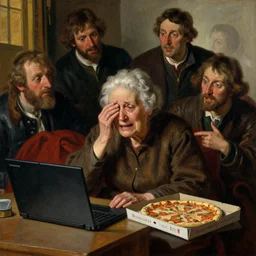 elderly cyborg weeping desperate grandma trying to figure out how to order an online pizza sitting in her small room glaring at her lenovo thinkpad laptop t 4 1 0 8 gb ram norman rockwell leonardo da vinci giotto jamie wyeth greg rutkowski winslow homer thomas eakins lucian freud edward hopper j. m. w. turner oil painting anachronistic realism
