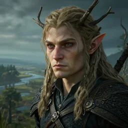 an ultra realistic, cinematic, fantasy portrait, of an elden ring elf, branches, facial features, background of a vast serene landscape, with trees and rivers, detailed, deep focus, movie still, dramatic lighting, ray tracing, by michal karcz and yoshitaka amano