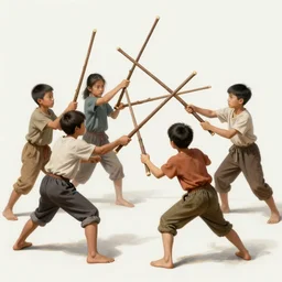 a bunch of kids fighting with sticks. intricate, elegant, highly detailed, digital painting, artstation, concept art, sharp focus, illustration, by justin gerard and artgerm, 8 k