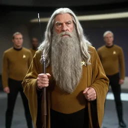 Gandalf, in starfleet uniform, in the role of Captain Kirk in a scene from Star Trek the original series