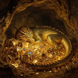 dragon sleeping on a mound of treasure. cave. warm glow. shimmering treasure. painted by thomas cole, sasha beliaev. cinematic, epic composition, dramatic lighting, intricate scales, handpainted