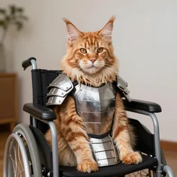 orange maine coon cat wearing full plate armor, sitting on a wheelchair