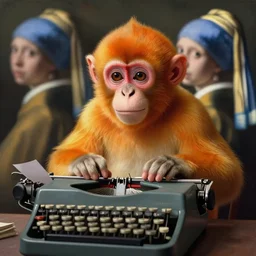 medium shot, cinematic, cute realistic orange monkey is typing on the remingtone typewriter, enhancements, soft lighting, by john ward, by arthur walker, by vermeer, by monet, oil on canvas, royal academy, masterpiece, trending on artstation, cinematic composition, dramatic pose, beautiful lighting, sharp, details, hyper - detailed, hd