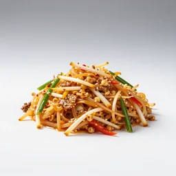golden pad thai, photorealistic, isolated on a pure white background, centered, entire object in frame, sharp focus, soft studio lighting